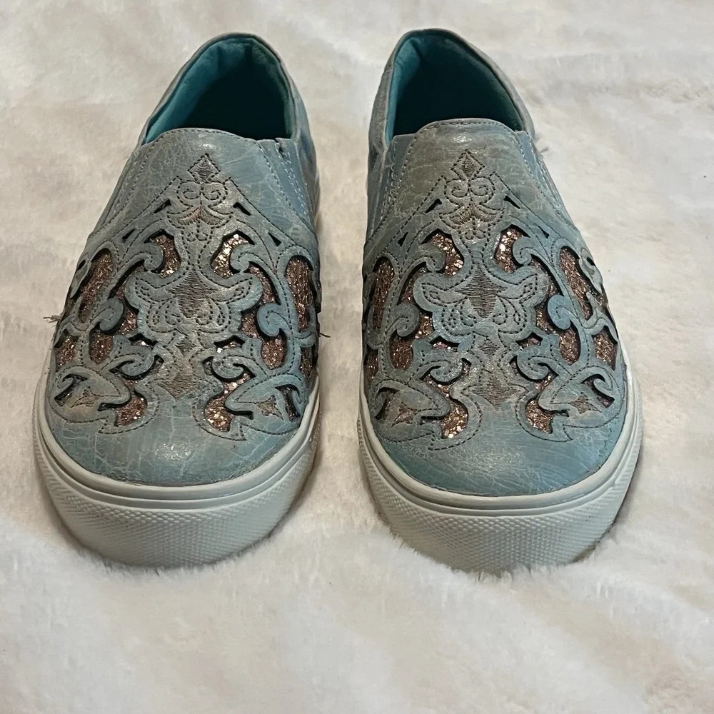 Ladies Corral Leather Sneakers E1564 Turquoise/Pink Inlay & Sequins Slip on NWOB